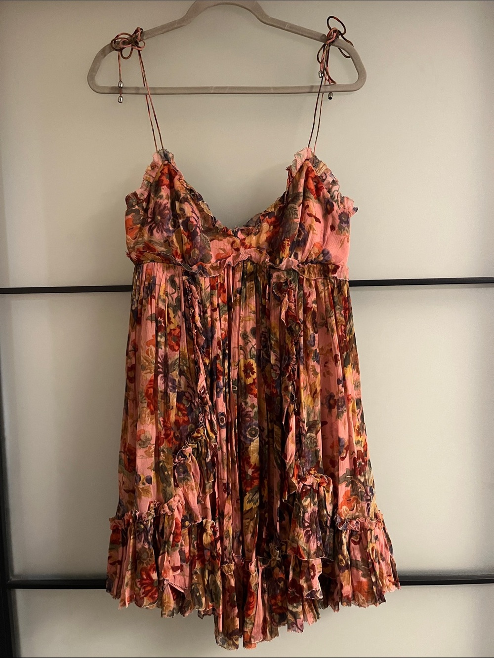 Zimmermann Pink Floral Ruffle Mini Dress